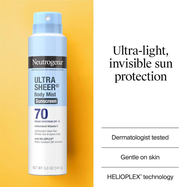 neutrogena ultra sheer body mist sunscreen spray, 3-pack, broad spectrum spf 70, non-greasy & water resistant