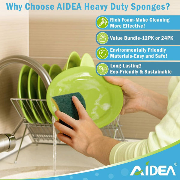 AIDEA Sponges Kitchen, 50 Pack Heavy Duty Dish Sponge, Cleaning Dish Scrubber for Home and Kitchen, Stink-Free Cleaning Supplies for Pots, Pans