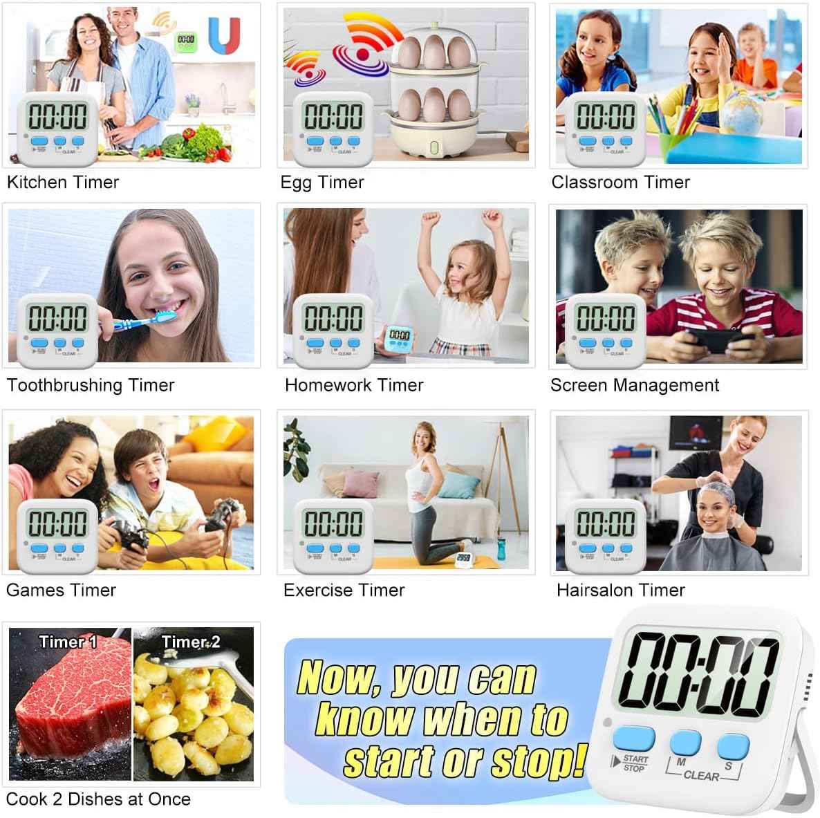 Antonki 2 Pack Digital Timer for Kids, Magnetic Countdown Kitchen Timers for Cooking, Egg, Classroom, Teacher, Exercise, Study, Oven - Battery Included