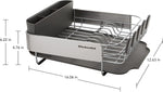 Compact kitchen dish rack with angled drainboard and removable flatware caddy