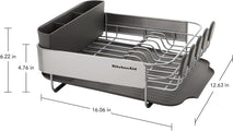 Compact kitchen dish rack with angled drainboard and removable flatware caddy