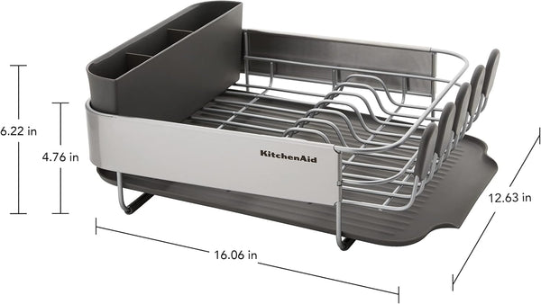 Compact kitchen dish rack with angled drainboard and removable flatware caddy