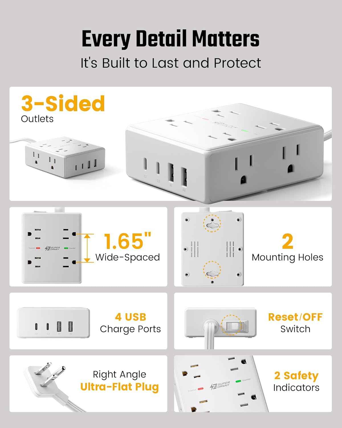 10Ft Extension Cord with Multiple Outlets, Flat Plug Surge Protector Power Strip 10 Ft Long Cord, 8 Outlets & 4 USB Ports (2 USB C), Desk Charging Station for Home Office, College Dorm Room Essentials