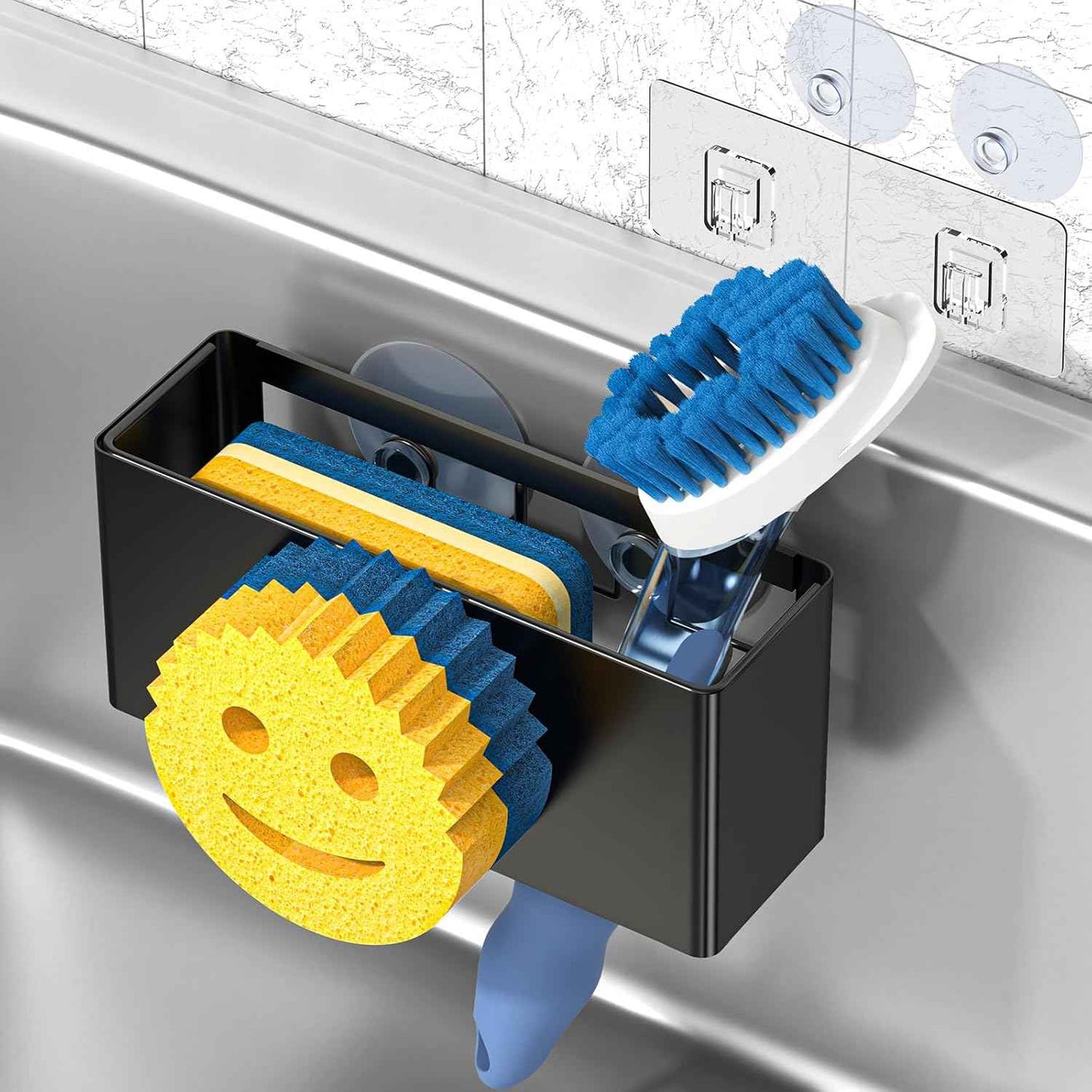 Sponge Holder Smiley Face,Sink Caddy,Sink Organizer with 2 Suction Cups/1 Adhesive Strips,Designed for Sponge,Soap,Dish Brush,Scrubber - Black