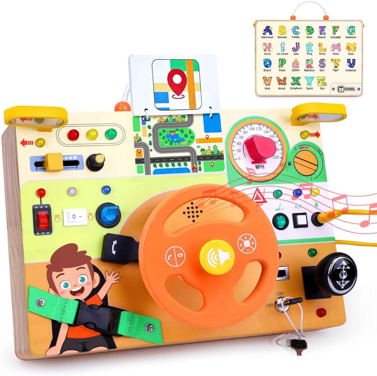 Hoarosall Montessori Wooden Busy Board with 8 LED Light switches, Sensory Toys Light Switch Travel Toys for 1+ Year Old Baby and Toddler