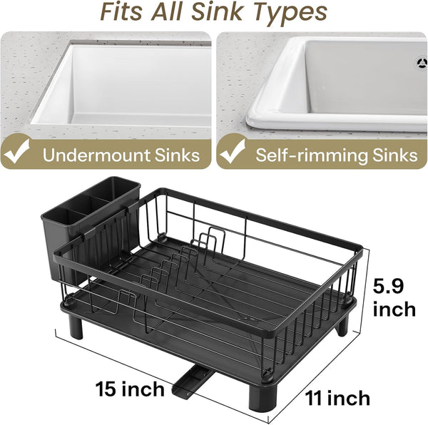 Space-saving stainless steel dish drying rack for kitchen counter