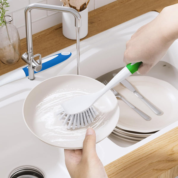 Dish Brush with Handle, 2 Pack Kitchen Scrub Brushes for Cleaning, Dish Scrubber with Stiff Bristles for Sink, Pots, Pans