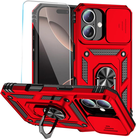 SunStory Phone Case for iPhone 16 6.1" with HD Screen Protector | Slide Camera Cover | Rotated Ring Kickstand | Military-Grade Protection | Red