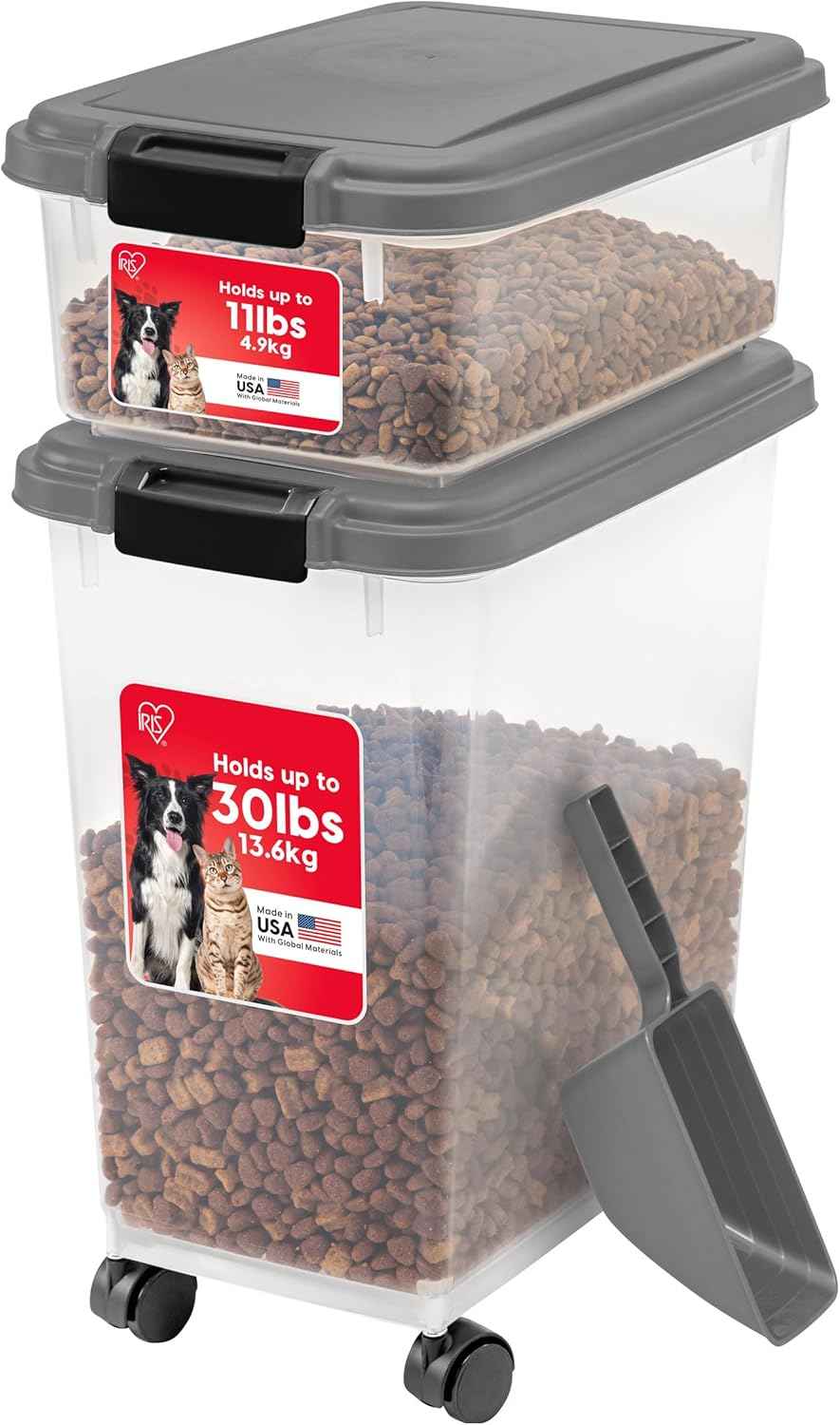 IRIS USA Dog Food Storage Container, 30 lbs & 11 lbs Combo, Cat Food Storage Container, Dog Treat Container, Airtight, Stackable, 2-Cup Scoop, Wheels, Easy Mobility, Black