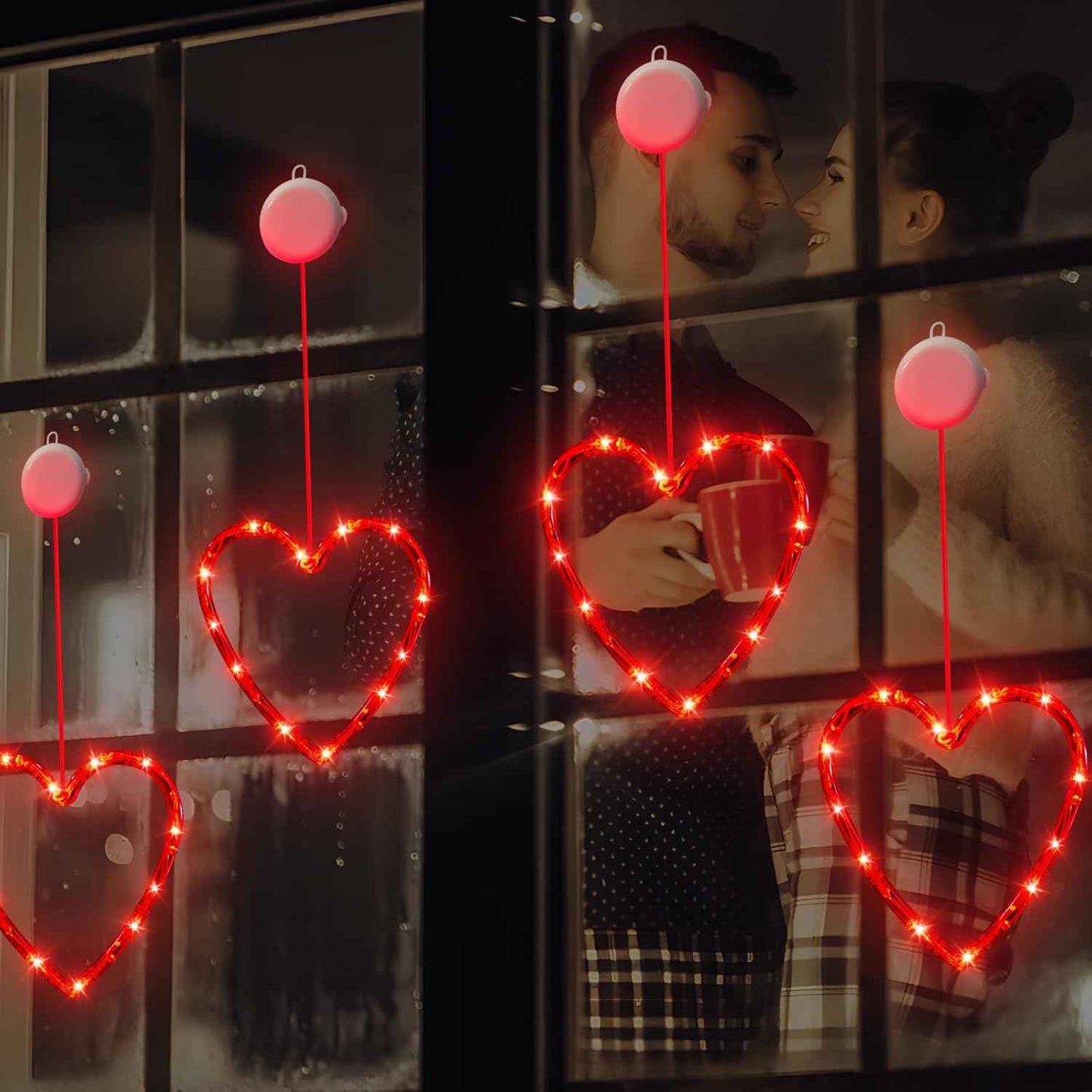3 Pack Valentines Day Window Lights Decorations with Timer, Battery Powered Hanging Red Lighted Heart Shaped Silhouette Sucker LED Lamp for Fireplace Indoor Home Decor