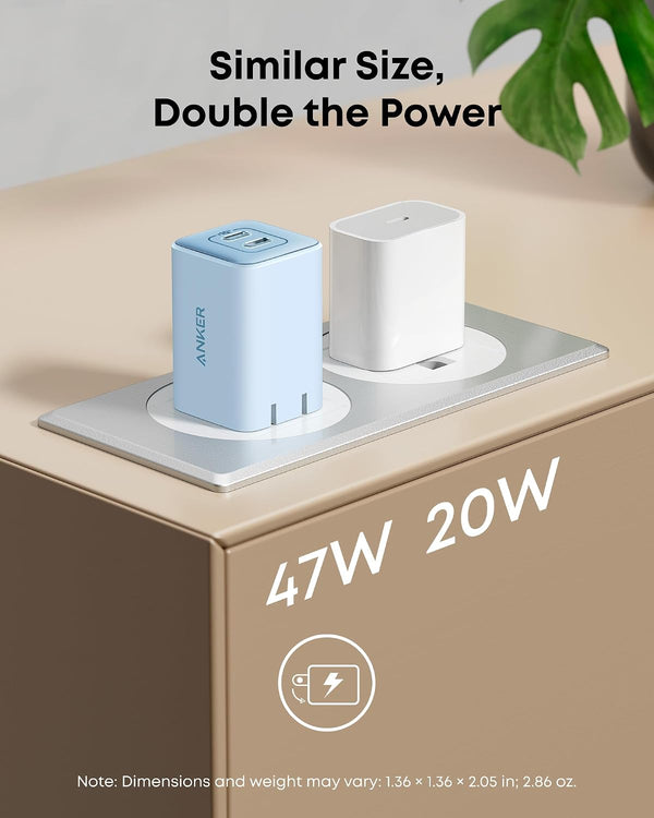 Anker Nano 47W Fast Charger USB C, 2-Port Compact Foldable USB C GaN Charger for iPhone 17/16, Galaxy, Pixel, Compatible with MagSafe (Blue)