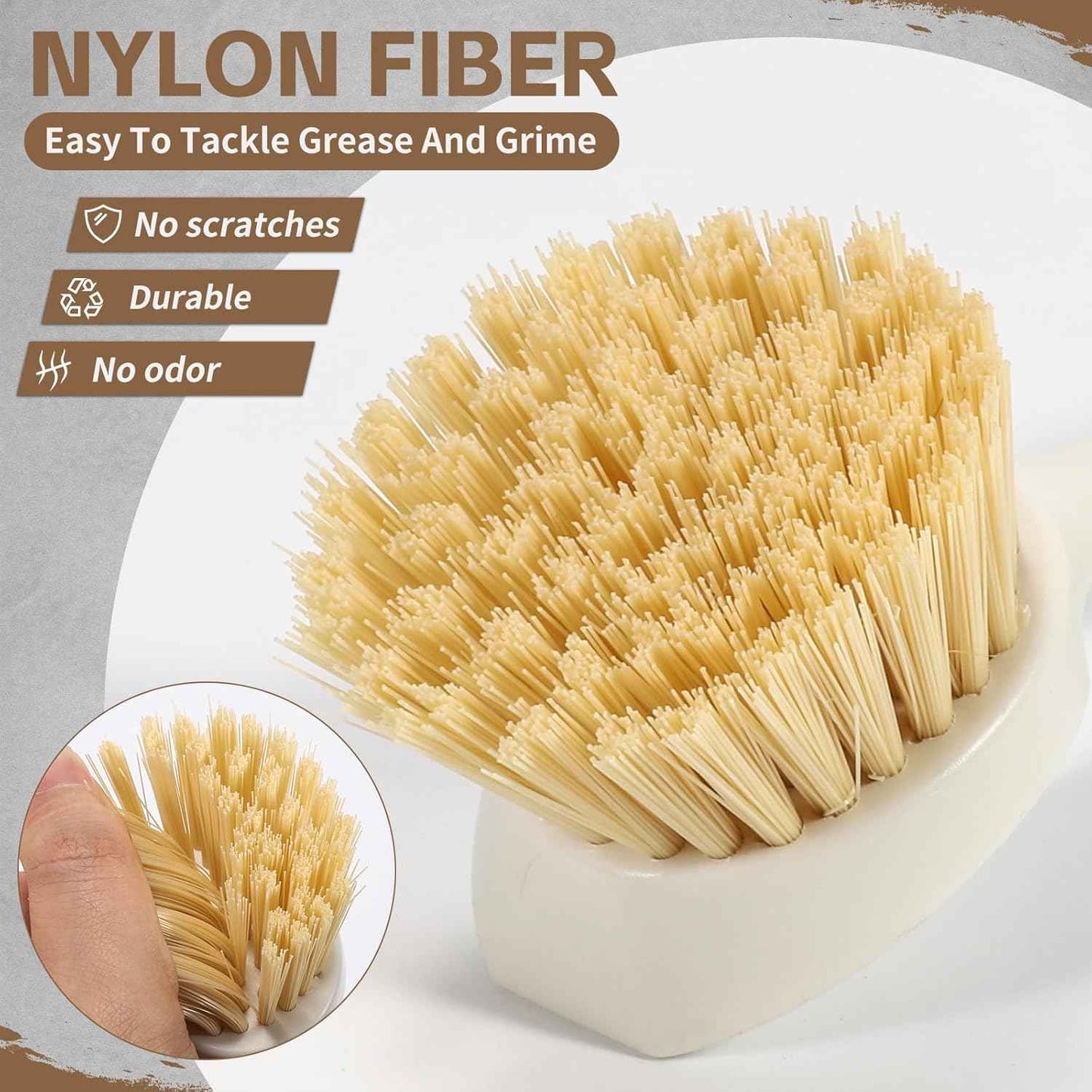 Dish Brush with Built-in Scraper - 4 Pack Bamboo Dish Scrubber Brush with Handle, Kitchen Brushes for Dishes & Pots, Sink, Eco Cleaning Tool Set