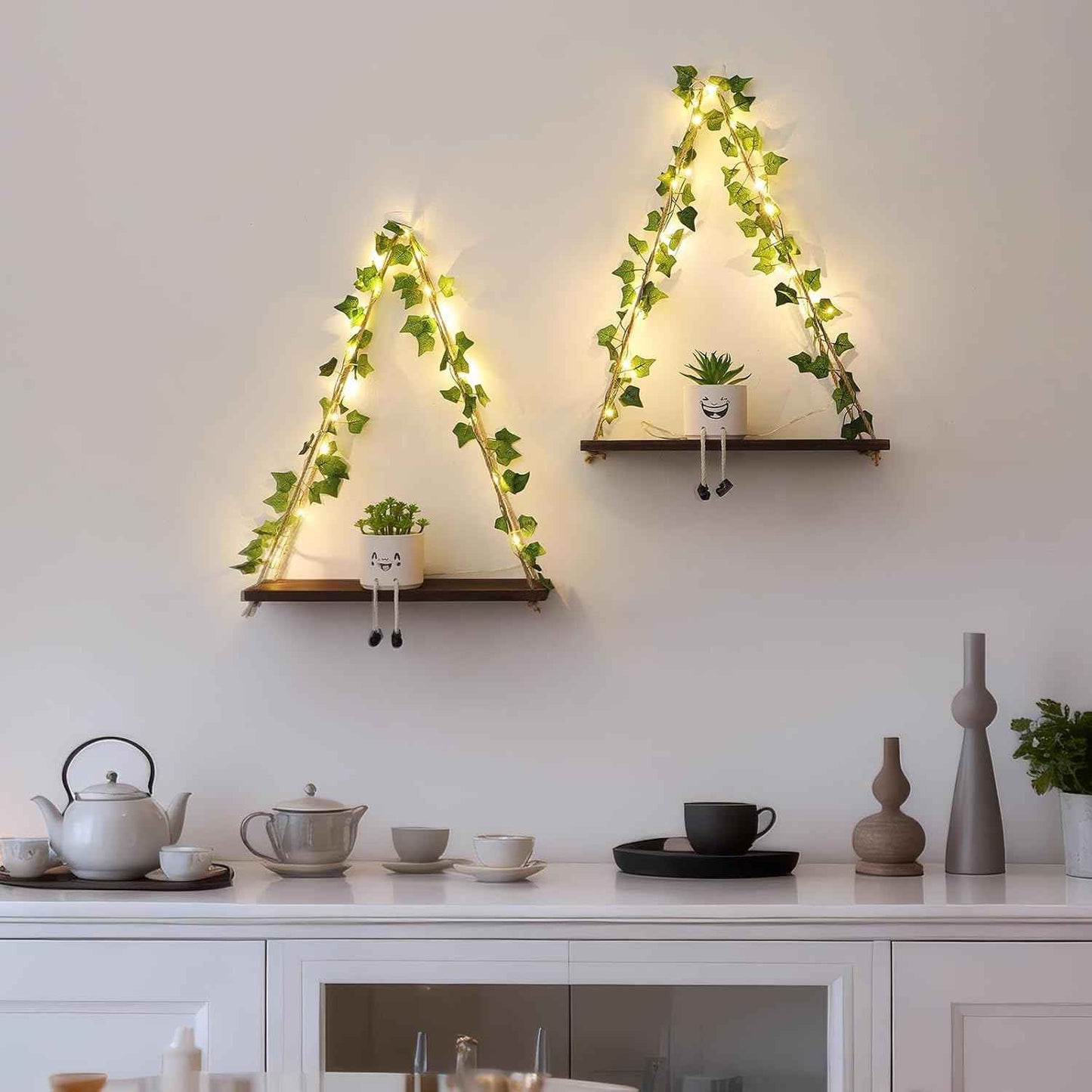 Floating Shelves for Wall, Hanging Shelves with Artificial Ivy LED String Light, No Drilling Hanging Shelf, Wood Hanging Plant Shelves for Wall Décor, Boho Decor, Art Bedroom, Set of 2