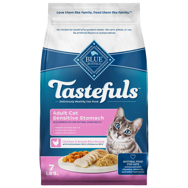 Blue Buffalo Tastefuls Adult Dry Cat Food, Sensitive Stomach Formula, Made in USA, Chicken Recipe, 7-lb Bag