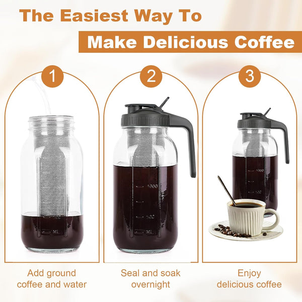 64 oz Mason Jar Pitcher with Stainless Steel Filter for Iced Coffee and Tea