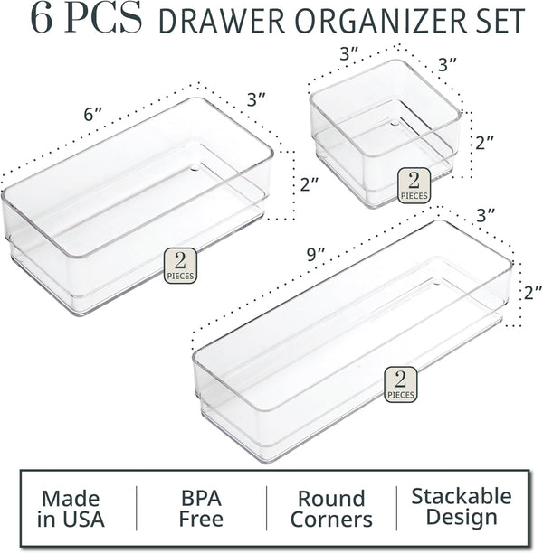 STORi SimpleSort Drawer Organizer Bins 6 pc Set for Bathroom and Desk Storage