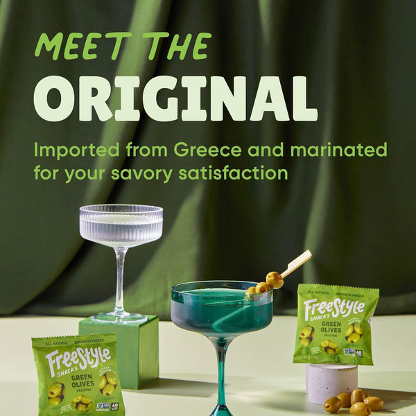Freestyle Snacks Olive Snack Packs - Single Serve - Fresh Pitted Green Olives, Grown in Greece, All Natural, Non-GMO, Sugar-Free, Salty Snack - Variety