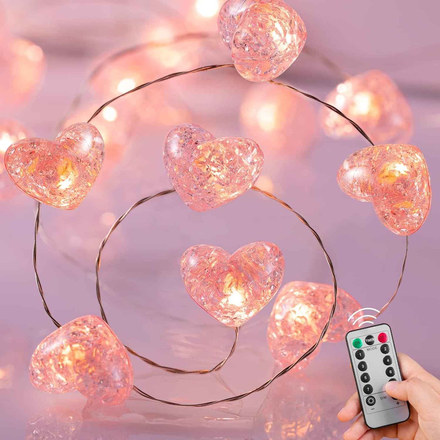 Valentine’s Day Fairy String Lights - 10.5 ft 30 LED Pink Heart Battery Operated Fairy Lights with Timer and Remote, Twinkle Heart Lights for Wedding DIY Indoor Christmas Gift Valentine's Day