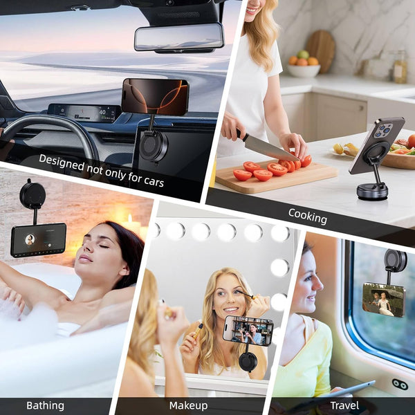 Vacuum Magnetic Car Phone Holder for Magsafe, Hands-Free 360° Adjustable Suction Cup Phone Mount for Car/Gym/Mirror/Smooth Surface, Compatible with iPhone & Android (Black)
