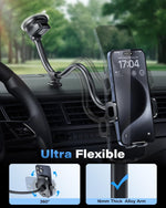 Solid Car Truck Phone Mount Holder with 14-Inch Gooseneck Long Arm, Windshield Window Mobile Holders w/Industrial-Strength Suction Cup, Anti-Shake Stabilizer Compatible All Cell Phones iPhone