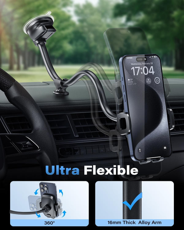 Solid Car Truck Phone Mount Holder with 14-Inch Gooseneck Long Arm, Windshield Window Mobile Holders w/Industrial-Strength Suction Cup, Anti-Shake Stabilizer Compatible All Cell Phones iPhone