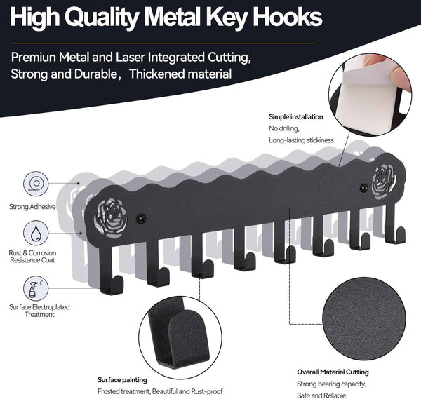 Key Holder Hooks Organizer Hanger Rack Wall Mounted with 8 Hooks, Adhesive Key Holder for Wall, No Drill Modern Key Holder Wall Mount, for Entryway, Kitchen, Hallway, RV Decor （Medium）