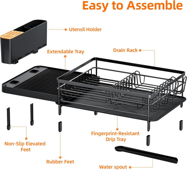 Adjustable dish drying rack for kitchen countertops, multifunctional with utensil and cup holder