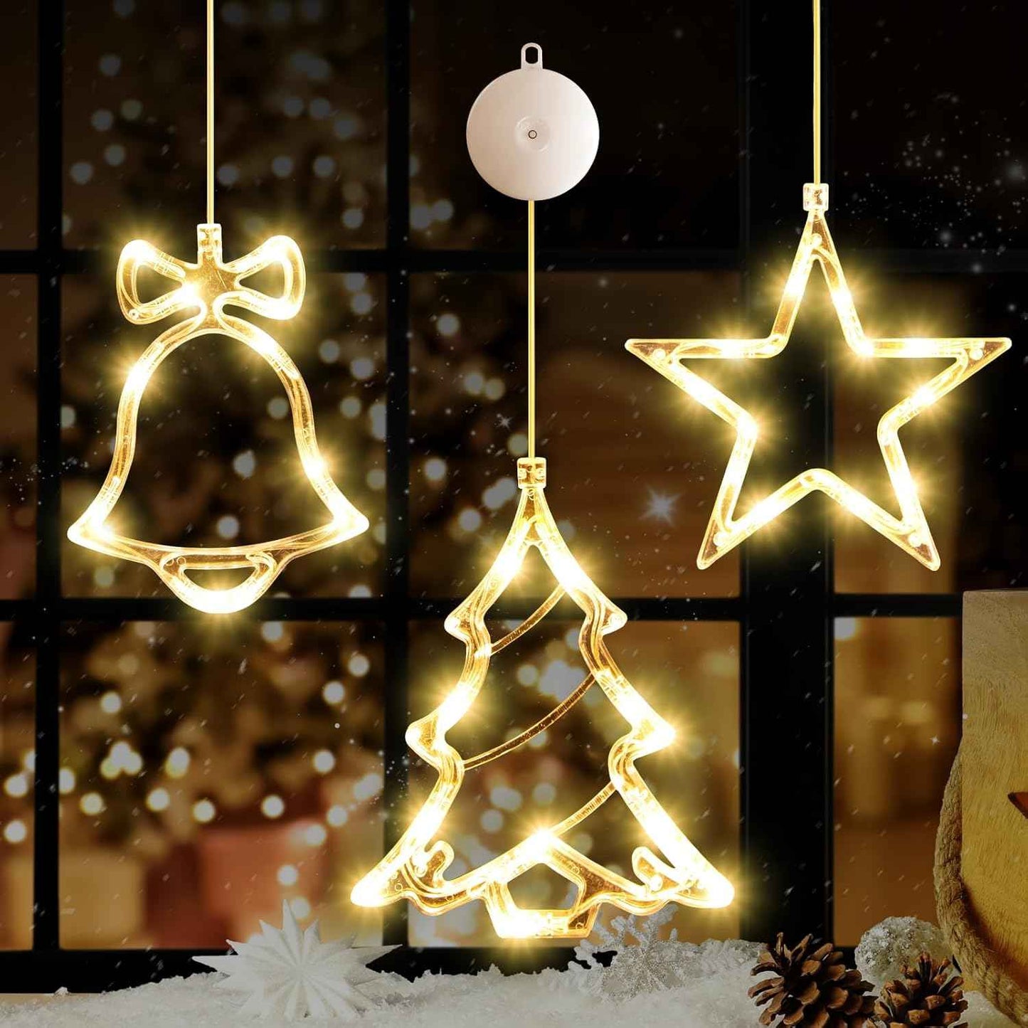 3Pack Christmas Window Lights Decorations with Timer, Battery Powered Hanging White Lighted Snowflake Tree Star Shaped LED Sucker for Xmas Tree Fireplace Indoor Decor