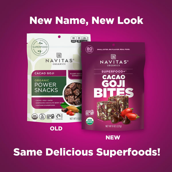 Navitas Organics Cacao Goji Superfood+ BITES are all natural plant-based power snacks with clean energy and nutrition.