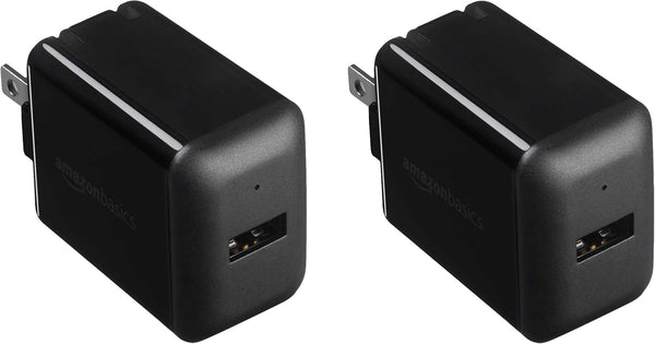 Amazon Basics 12W One-Port USB-A Wall Charger (2.4A), Portable, for Phones (iPhone 16/15/14/13/12/11/X, Samsung, and more), 2-Pack, White