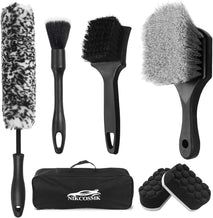 7-piece car wheel brush kit with metal-free design, soft-bristled rim cleaner, and tire shine applicator pad for gentle cleaning and detailing