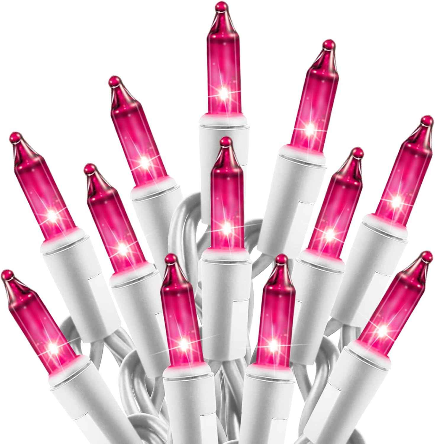 Christmas Pink Mini String Lights - 100 Count 25 Feet Detachable Incandescent Bulb Waterproof Fairy Lights Plug in for Indoor Outdoor Party Patio Xmas Tree Valentine's Day Decoration, White Wire