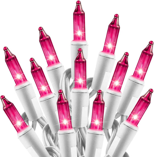Christmas Pink Mini String Lights - 100 Count 25 Feet Detachable Incandescent Bulb Waterproof Fairy Lights Plug in for Indoor Outdoor Party Patio Xmas Tree Valentine's Day Decoration, White Wire