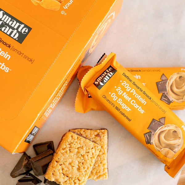 NuGo Smarte Carb protein bars with 20g protein, 0g sugar, 2g net carbs, 160 calories, brown sugar free peanut butter crunch, 12 count