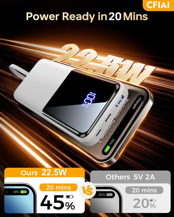 Portable Charger Power Bank, 50% Larger Capacity 15000mAh Battery Pack with Built in Cable, 22.5W Fast Charging Travel Camping Essential Powerbank for iPhone 17 16 Pro iPad Samsung S26 Google etc