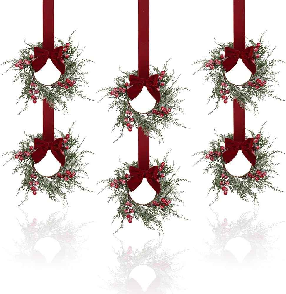 Small Christmas Wreath, 6 Pcs 6" Mini Christmas Wreaths for Cabinets, Small Cabinet Wreaths for Kitchen Cabinet Window Door Farmhouse Christmas Party Decorations Candle Rings Fireplaces (A)