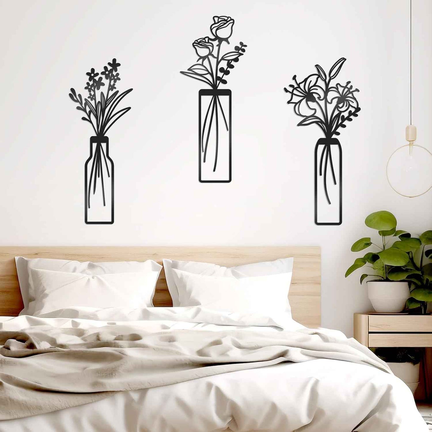 3 Pcs Large Black Metal Flowers and Vases Wall Decor Farmhouse Metal Flowers Wall Art Minimalist Art Flower Arrangement for Living Room Bedroom or Kitchen (Black, Floral C)