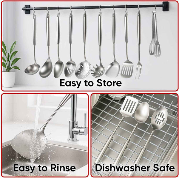 Newness 16 Pcs Cooking Utensils Set, 304 Stainless Steel Kitchen Utensils Set, Metal Kitchen Accessories, Include Soup Ladle, Slotted Skimmer Spoon, Spaghetti Spoon and Spatula, Dishwasher Safe