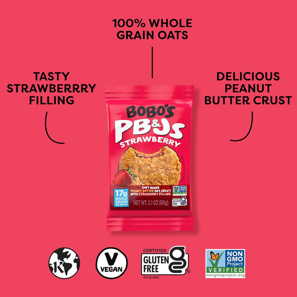 Bobo's Strawberry PB&J Oat Snacks, Gluten-Free, Non-GMO, Plant-Based, Whole Grain Oats