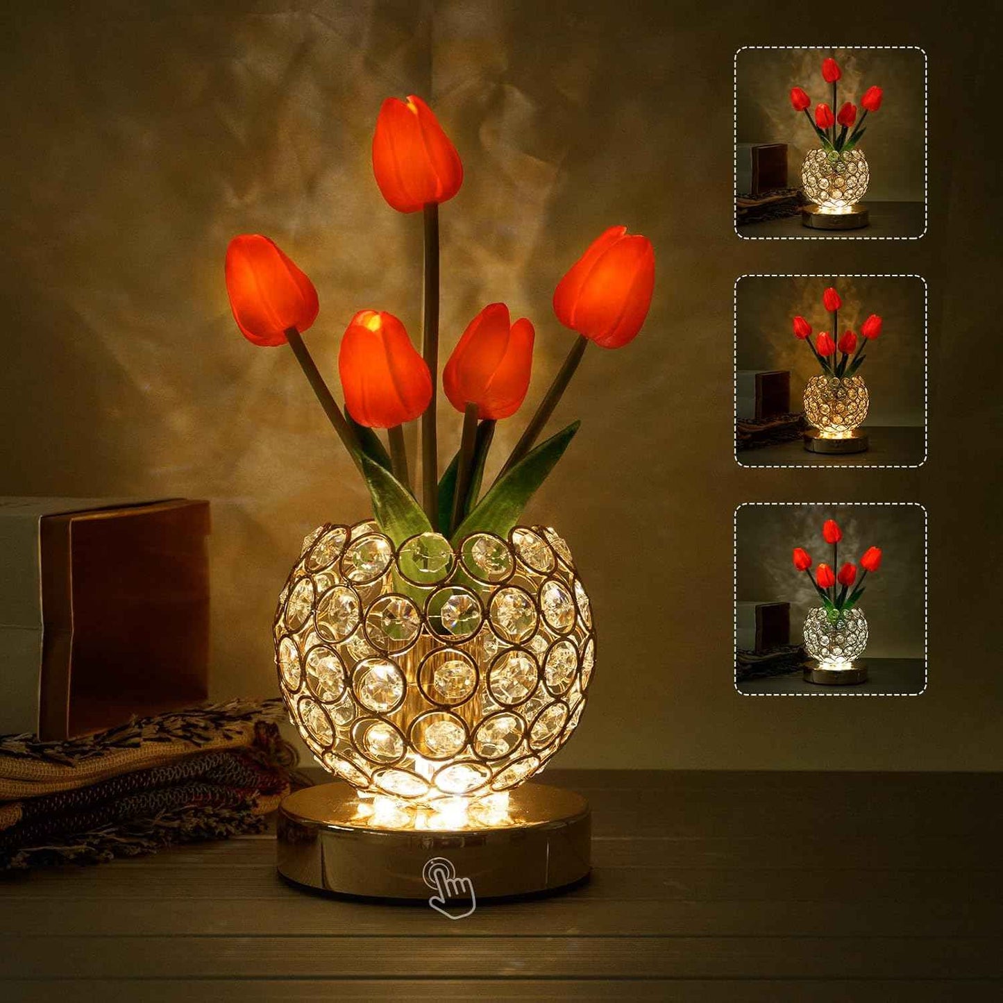 Tulip Crystal Flower Lamp Touch Lamp,Rechargeable Cordless Table Lamp, 3-Colour Infinitely Dimming Battery Powered Small Night Light,Gift for Mom for Valentine Day,Mothers Day,Xmas,Birthday (Pink)