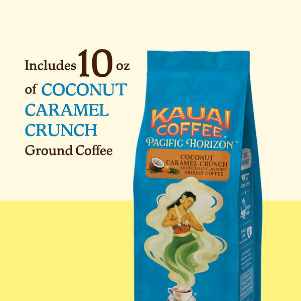 kauai coffee coconut caramel crunch 10% hawaiian arabica 10oz ground coffee, smooth and rich medium roast