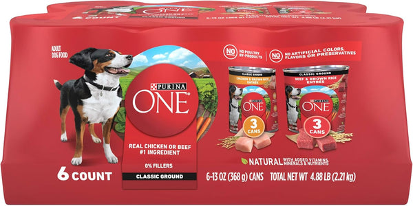 Purina ONE Classic Ground Chicken and Brown Rice, and Beef and Brown Rice Entrees Wet Dog Food Variety Pack, 6 count, 13 oz cans