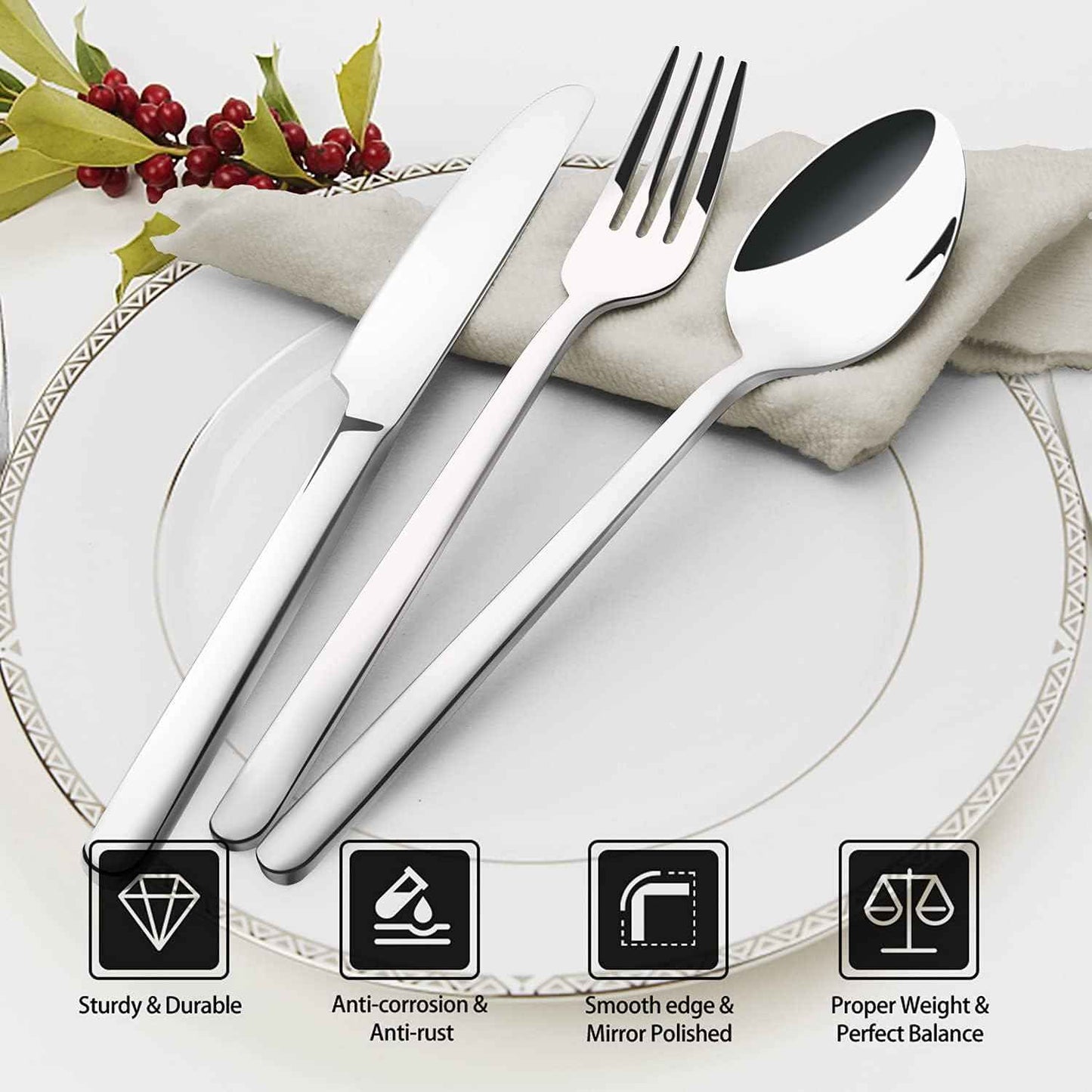 KINGSTONE Silverware Set, 20 Piece Flatware Cutlery Set for 4, 18/10 Stainless Steel Silverware Mirror Polished Dishwasher Safe for Home, Restaurant, Wedding, Party(Silver, 20 pieces for 4)