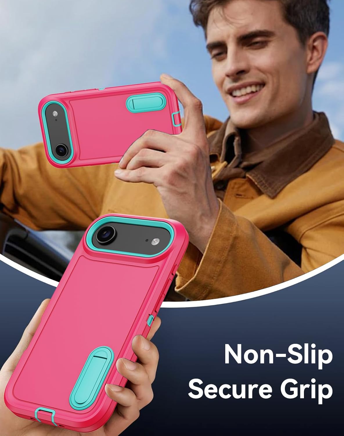 for iPhone 17 Air Case with Built-in Invisible Kickstand,[2*Screen Protector] Military-Grade Protection Shockproof Protective Cover,Hard Back Stand Phone Case for iPhone 17 Air (Pink)