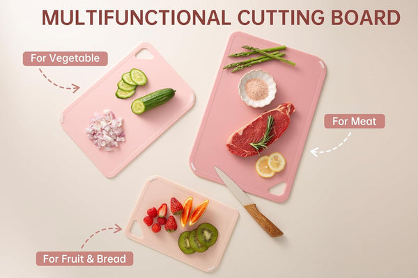 Pink Plastic Cutting Board Set for Kitchen, Dishwasher Safe, BPA Free, Reversible, with Grip Handle