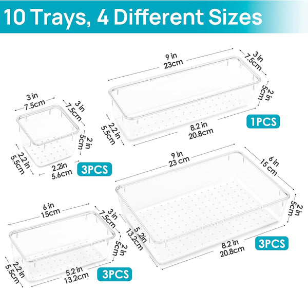 10-piece makeup drawer organizer set with clear plastic trays