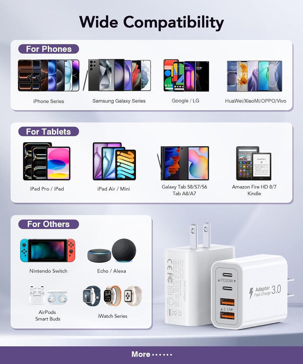 40W USB C Charger Block, 4-Port Fast Charging Brick for iPhone and Samsung Devices