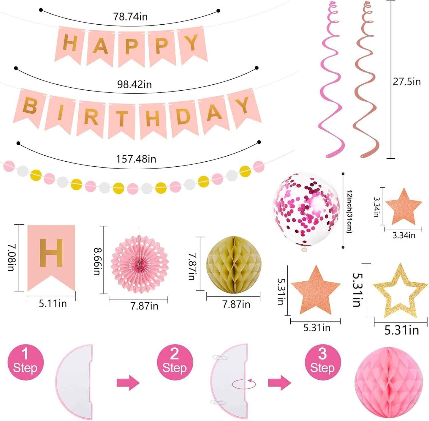 65Pcs Birthday Decorations Happy Birthday Banner Pink Rose Gold Balloons Honeycomb Ball Paper Fans Dots Garland Hanging Swirls Birthday Party Decor for Girls Women Princess