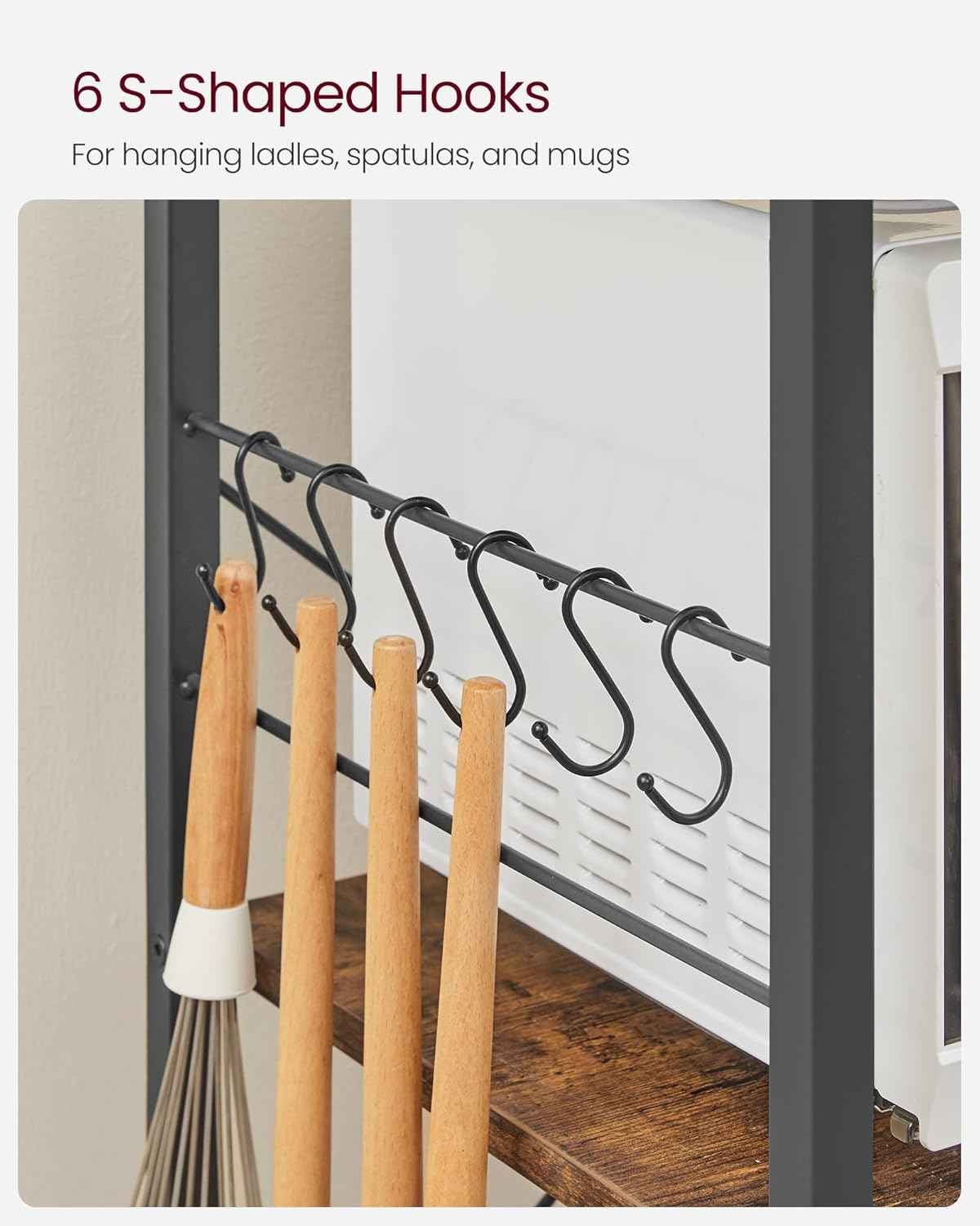 VASAGLE Baker's Rack, Microwave Stand, Kitchen Storage Rack with Wire Basket, 6 Hooks, and Shelves, for Spices, Pots, and Pans, Rustic Brown and Ink Black UKKS35X