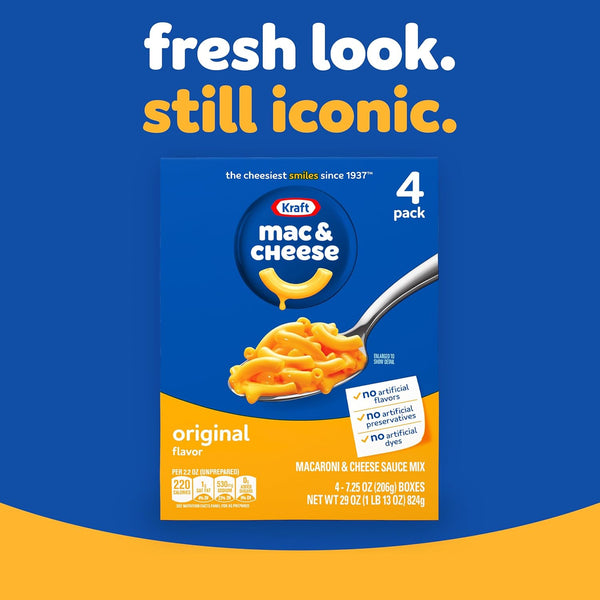 Kraft Original Macaroni and Cheese, 4 Boxes, 7.25 oz, No Artificial Flavors, Preservatives or Dyes, EBT Eligible